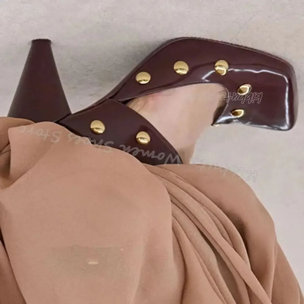 

Rivets Ankle Strap Sandal Pumps Metal Decor Genuine Leather Solid Color Fashion Novelty Sexy Concise Women Shoes New Square Toe