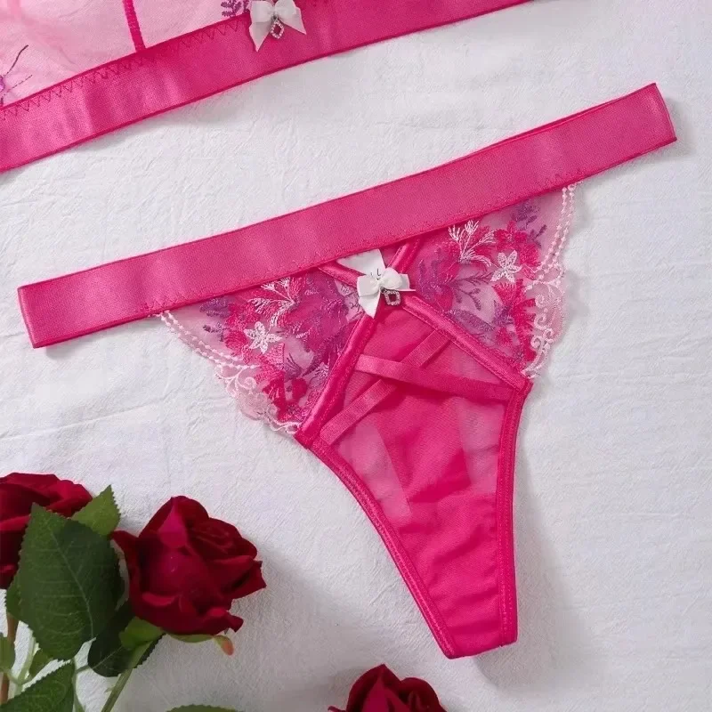 CHAUNGERM Mesh Sheer Sexy Lingerie Bow Floral Embroidery  Onlyfans Kit Patchwork Sensual Intimate Underwear Pink Lace Garter Set