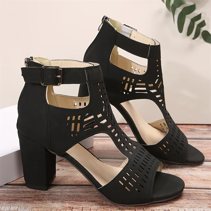 Women Heel Sandals High Quality Leather Women Shoes Comfortable Fashion Hollow Heels Rome Women Sandals Peep Toe Shoes