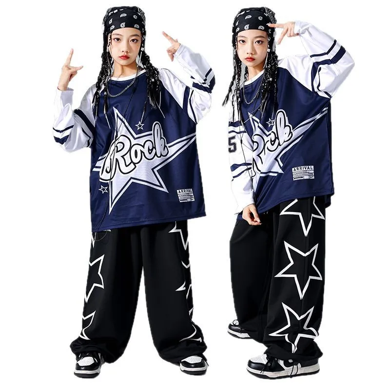Girls Hip Hop Star Sweatshirt Vest Joggers Pants Boys Cool Streetwear Clothes Set Kids Children Jazz Street Dance K-pop Costumes
