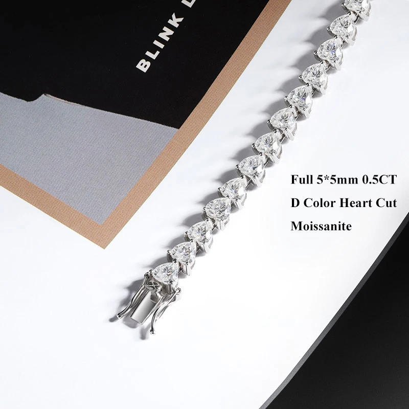 EWYA Full 5*5mm 0.5CT D Color Heart Cut Moissanite Tennis Bracelet for Women 925 Silver GRA Certified Link Bracelets Bangle Gift image 3