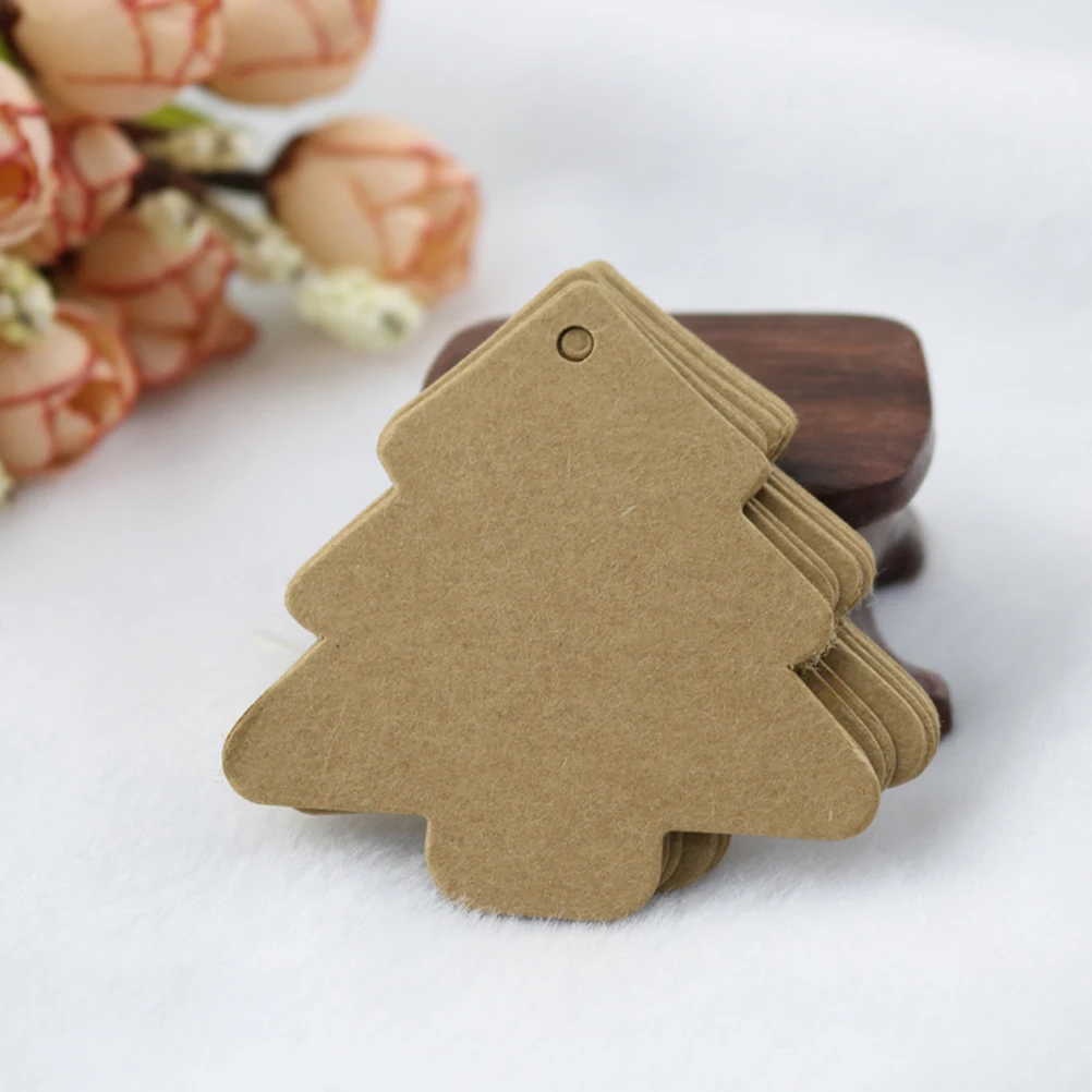 

100pcs Christmas Tree Shape Label Kraft Paper Vintage Blank Name Tag Price Tags Wedding Party Gift Tags (Brown)