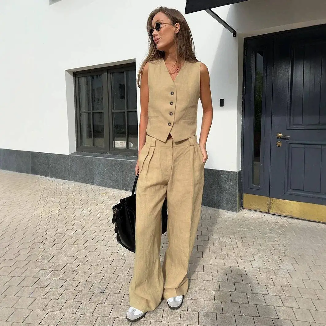

Fashionable Pure Cotton V-Neck Vest And Long Pants Two-Piece Set for Women Casual Spring Summer Outfit Comfortable Breathable