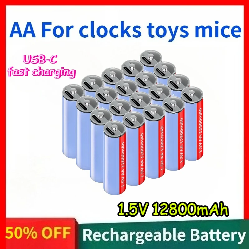 

High-quality 1.5V 12800mAh AA Rechargeable Lithium-ion Batteries with USB-C Fast Charging Suitable for Clocks Toys and Mice