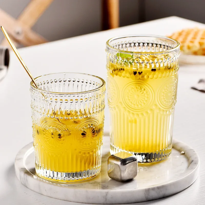 

300ml/350ml Sunflower Pattern Glass Cup Exquisite Beer Glass Vintage Relief Water Cup Juice Milk Tea Mugs Household Drinkware