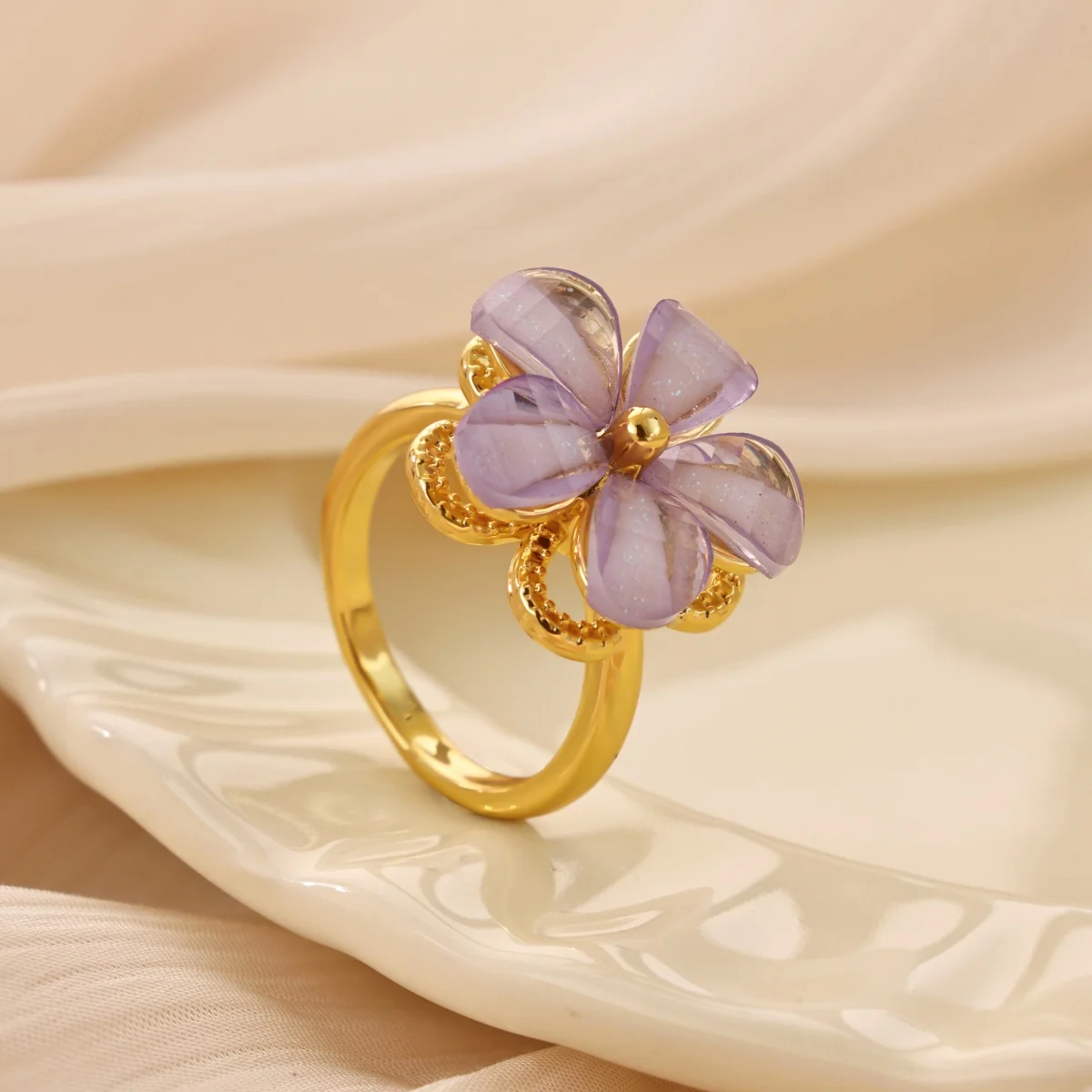 Niedlicher drehbarer Ring mit Blumenmuster aus Harz für Damen, goldfarben, Kupfer, drehbare Blume, offener Manschettenring, trendiger Party-Schmuck – Detail 14