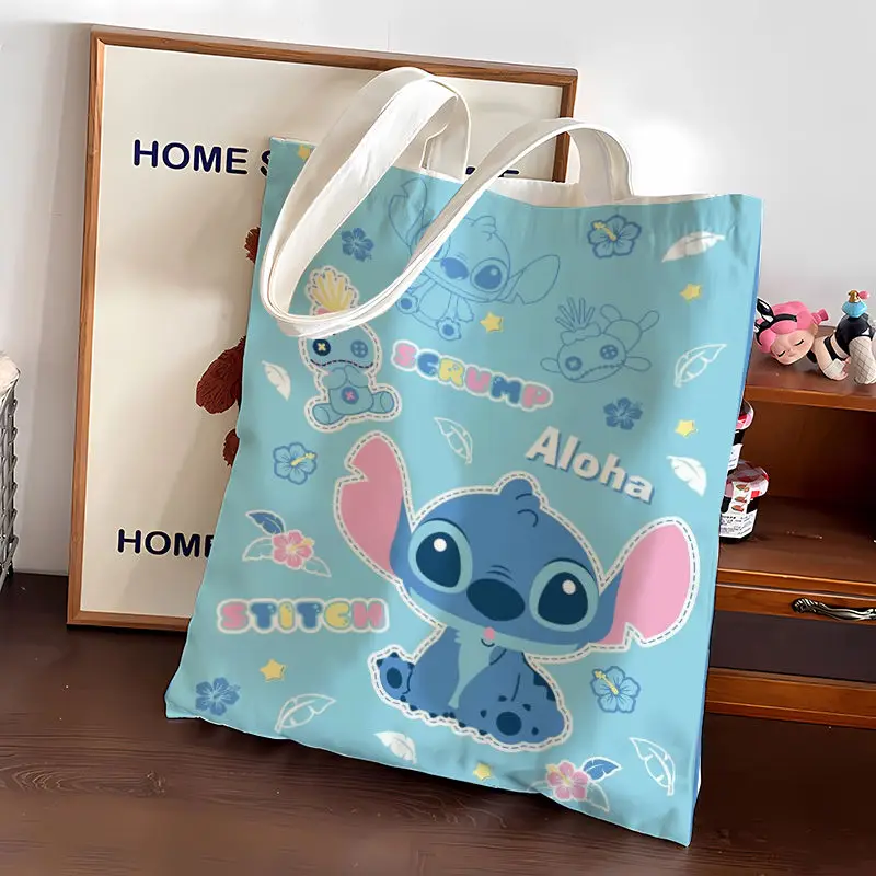 Lilo & Stitch Bolsa de ombro de lona de desenho animado com zíper Estudante Kawaii Anime Impressão Bolsa Tutorial Bolsa de arquivo de dados de grande capacidade