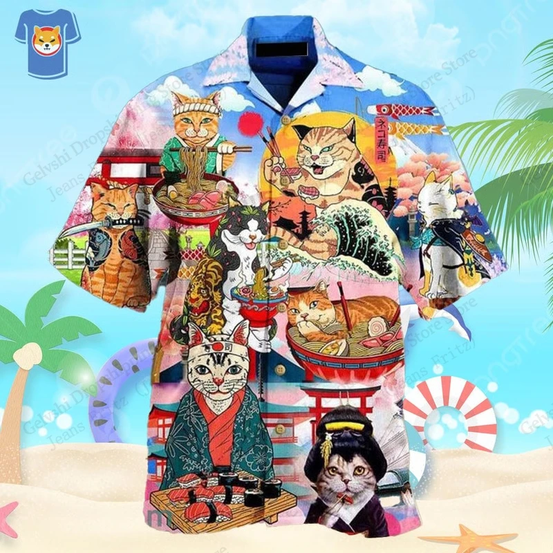 

Японская гавайская рубашка с котом самурая, рубашка с 3D принтом лапши, мужская и женская модная однобортная пляжная блузка с коротким рукавом, новинка