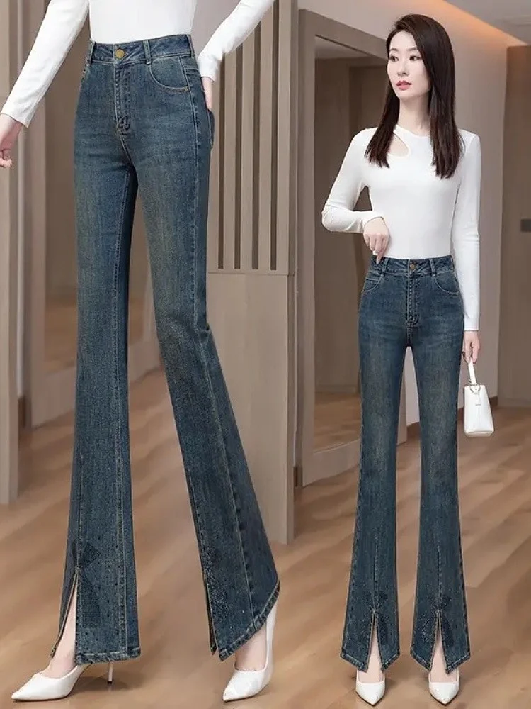 กางเกงยีนส์ทรงกระบอกเอวสูงยืดได้ กระชับสัดส่วน สำหรับผู้หญิง แฟชั่นฤดูใบไม้ผลิ ฤดูใบไม้ร่วง ฤดูหนาว  แบบมีซิป