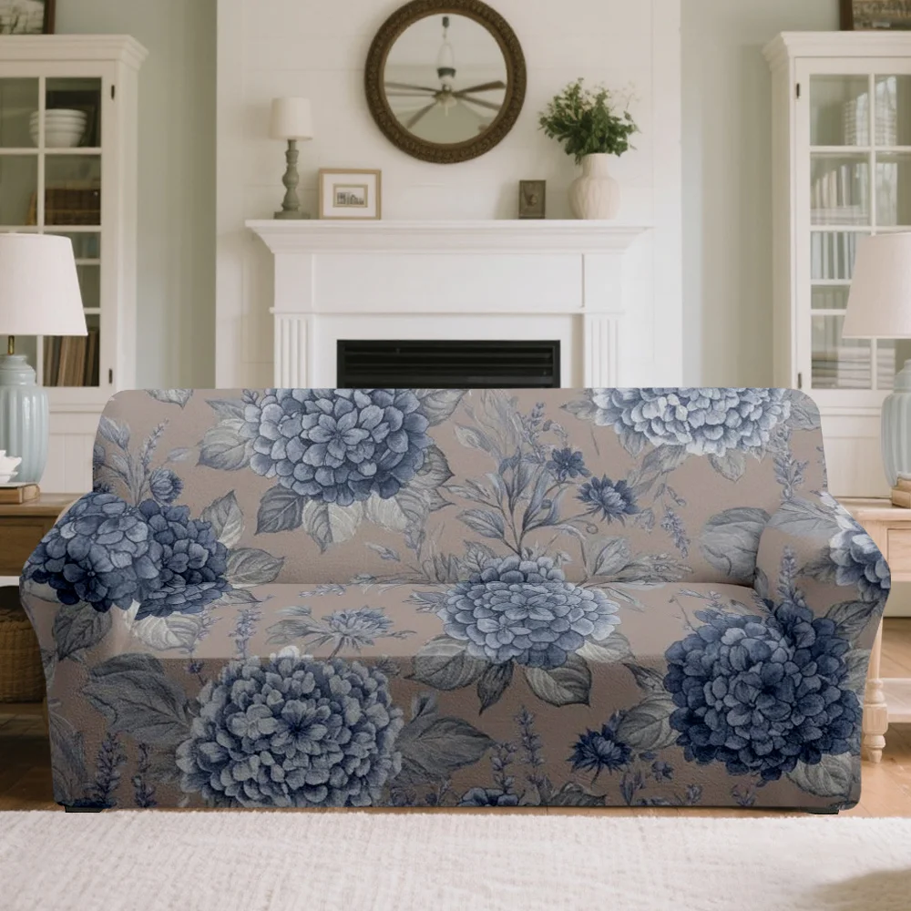 1pc Stretch Sofa Cover, Elegant Blue Hydrangea Floral Print Couch Slipcover for Living Room
