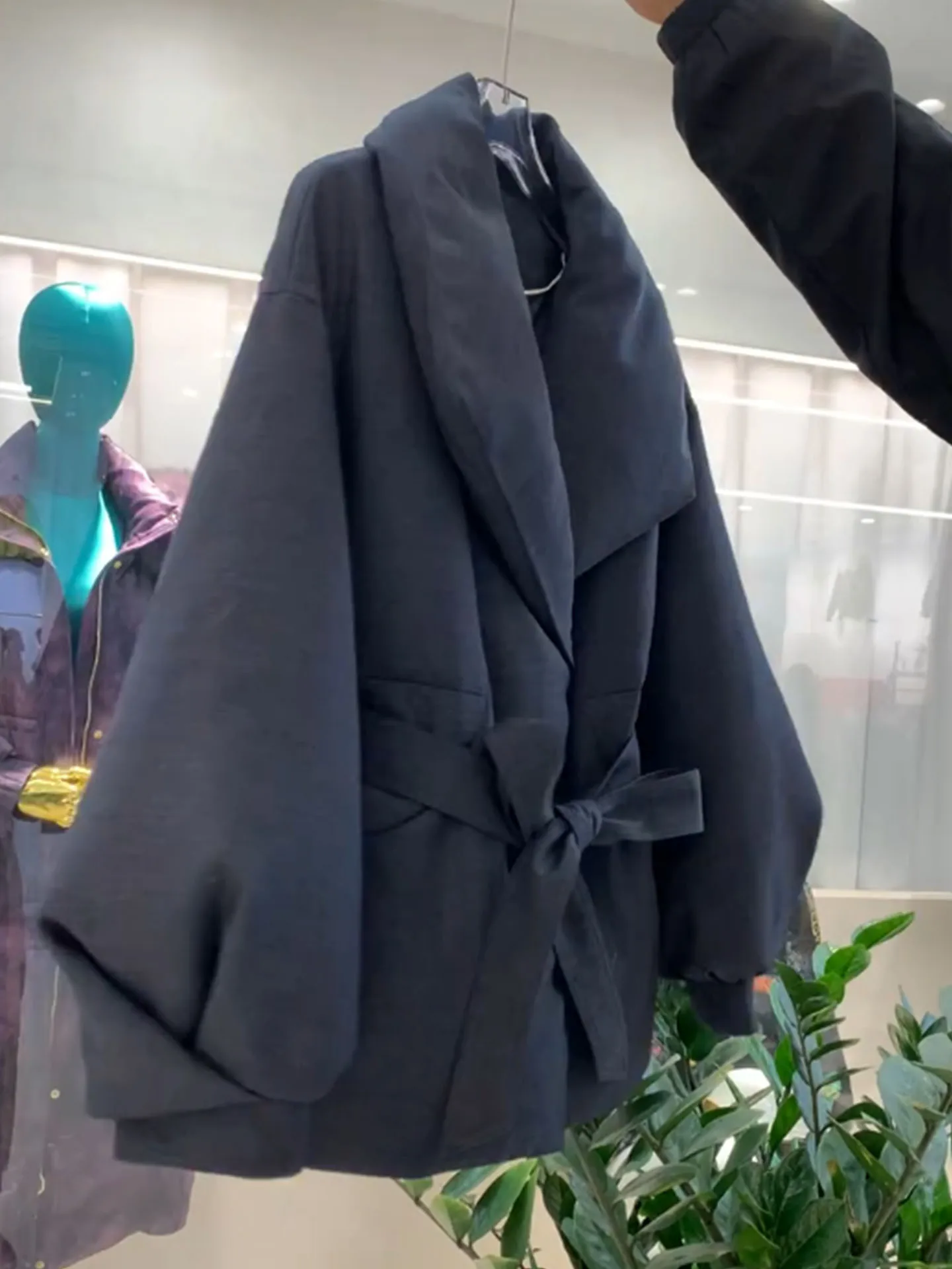 Ele Bla Mittellange Daunenjacke mit Gürtel an der Taille und großem Kragen für Damen, Winter 2022, lässige Sle-Hohe Taille