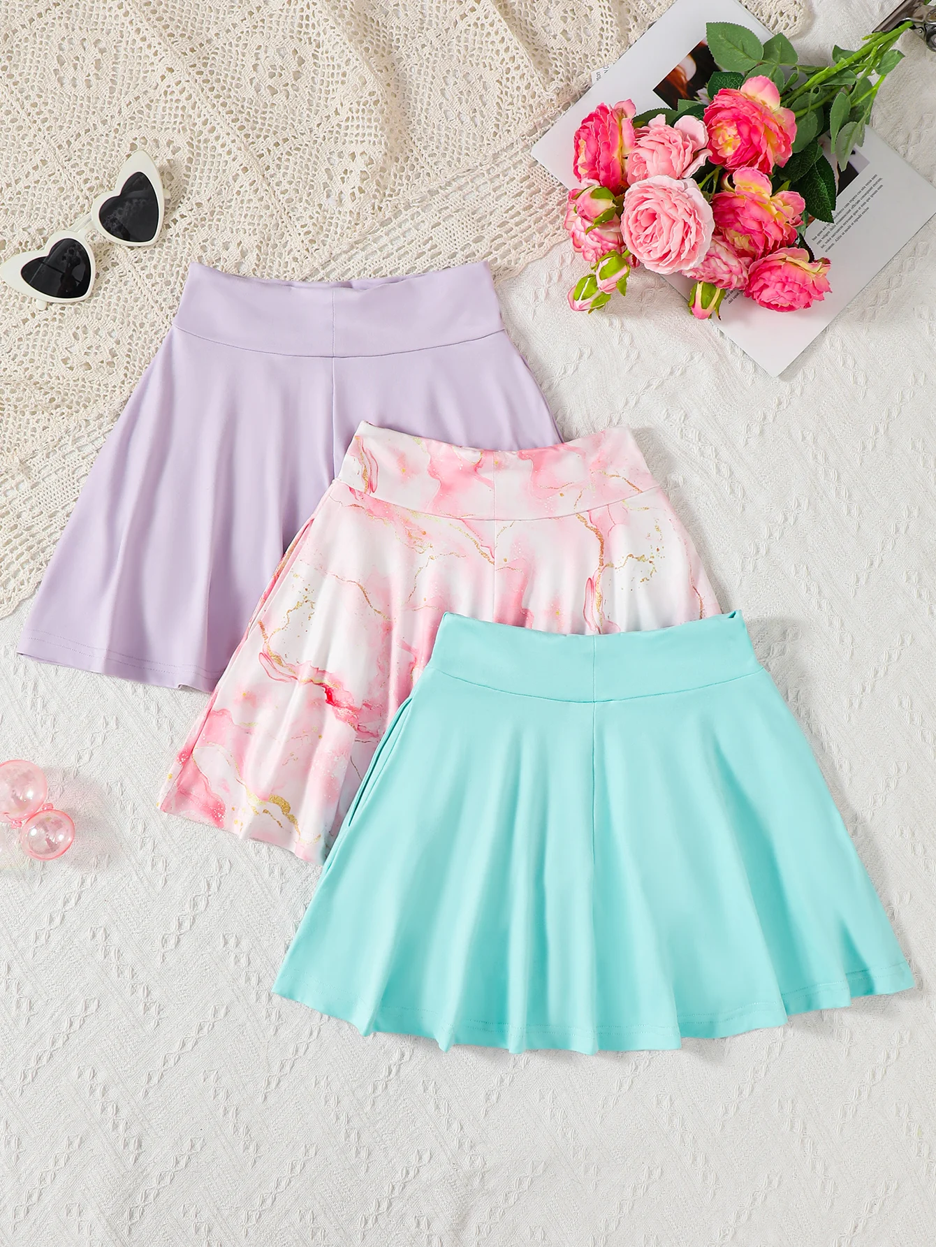 3-Piece Set Kids Summer Mixed Color Casual Sports Skirts for Girls Suitable for Daily Wear And Outdoor Activities