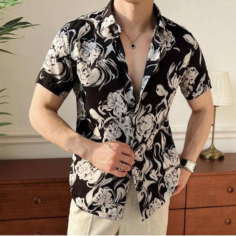 

Модные брендовые деловые мужские рубашки, красивые высококачественные тонкие рубашки с короткими рукавами и цветочным принтом для мужчин, повседневная модная рубашка с этикеткой
