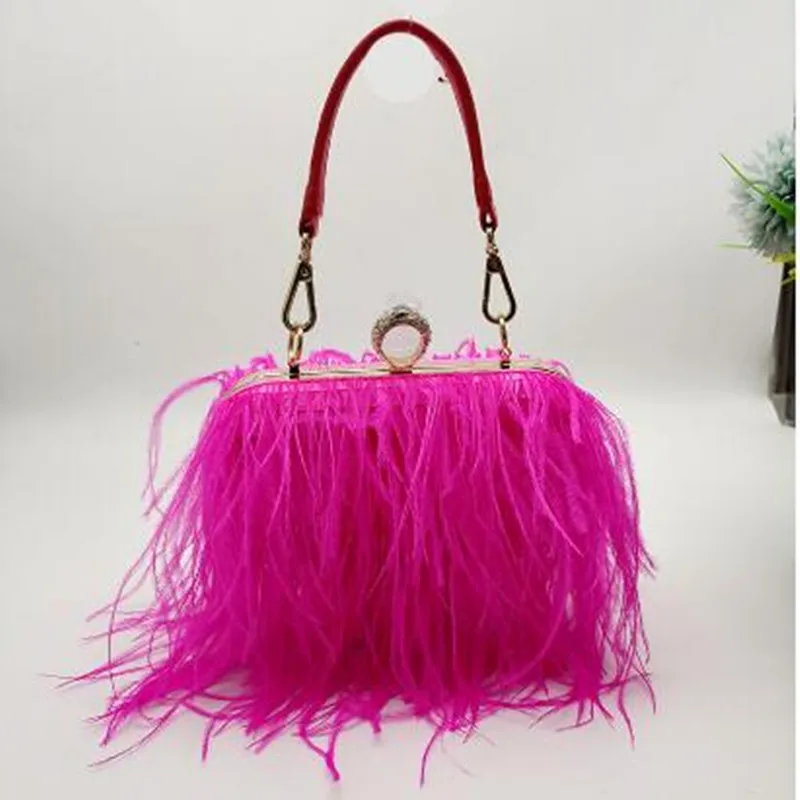 Ostrich Feather Party Evening Clutch Bag Luxury Designer Bag Women Wedding Purses and Handbags Small Shoulder Chain Bag 15 Color