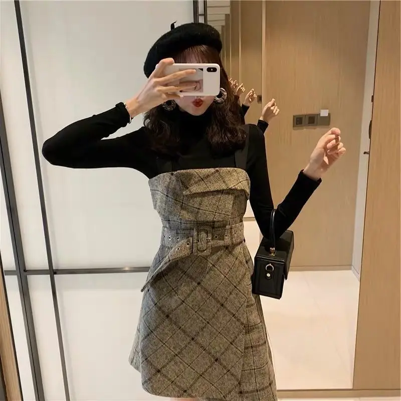 2023 Autumn Winter Women's 2 Piece Dress Set Lady Graceful Slim Plaid Mini Irregular Dresses Sweater Suit Fashion Outfits Female