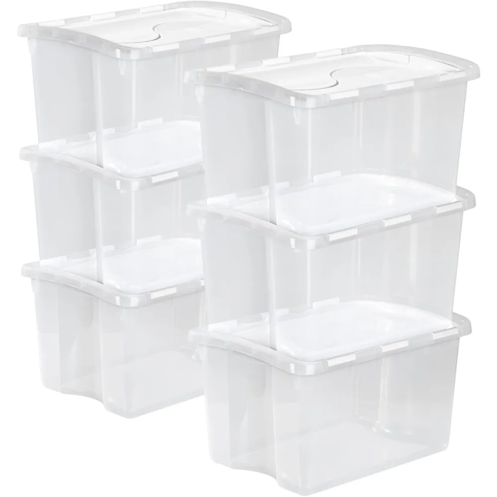 

48 Qt Stackable Storage Bins, Clear with White Hinged Lid, 6-Pack
