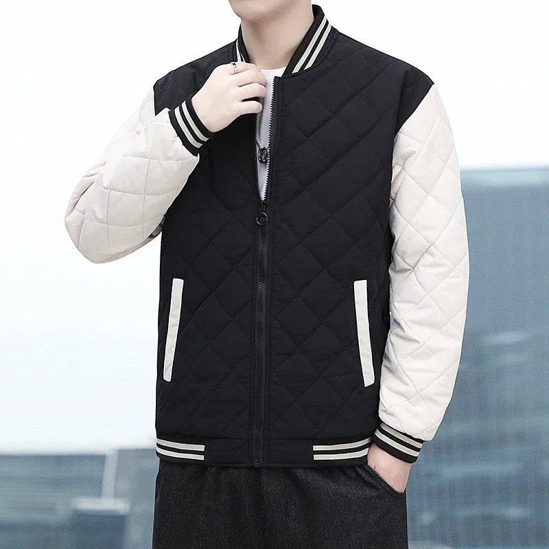 Men's baseball uniform Autumn Winter New Color-block Thickened Outdoor Travel stand collar Coat Men's Casual Warm Cotton Jacket