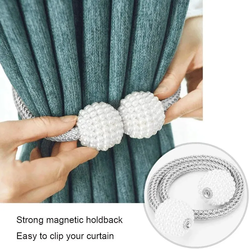 2PCS Magnetic Curtain Holdbacks with Pearl Ball - Elegant European Style No-Drill Curtain Tiebacks, Rope Straps for Heavy Drapes