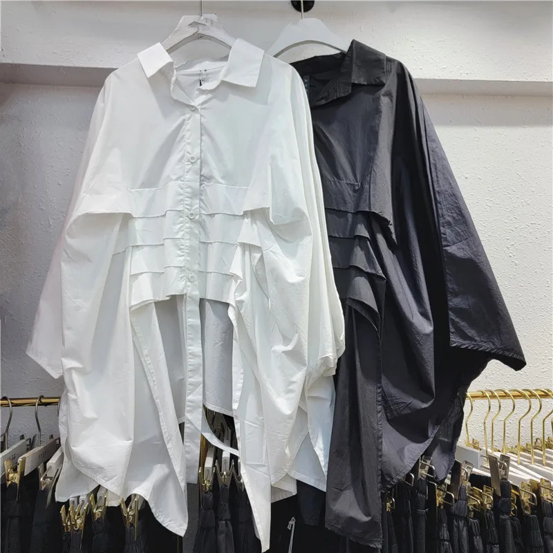 Tannt Women Shirt Asymmetry Black White Long Casual Shirts Blouses Irregular Long Sleeves Loose Batwing Sleeve Blouses Tops 2024