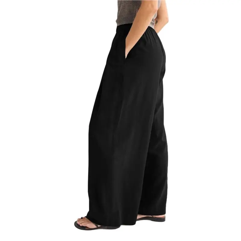 Women's Elastic Waist Pleated Side Pocket Wide Leg Casual Pants With Pockets Black S Eco-Friendly