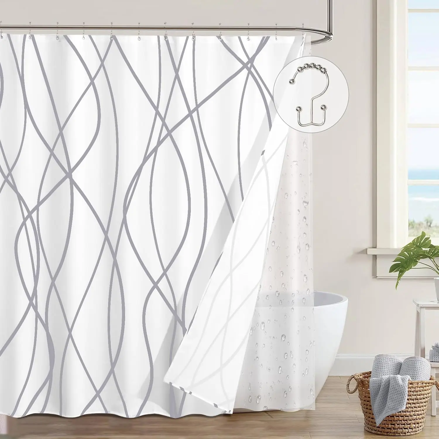 

Shower Curtain with Liner, Grey Wave S ipe, 3 in 1 Shower Curtain with 12 Rust Proof Double Sided Metal Hooks, Double L
