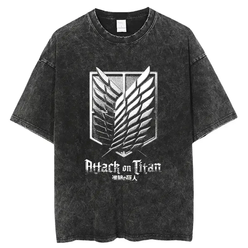 

Attack on Titan Anime Scout Emblem Graphic Tee T-Shirt Men 2026 Summer Pure Cotton Vintage Washed Short-sleeved Tee Oversize Top