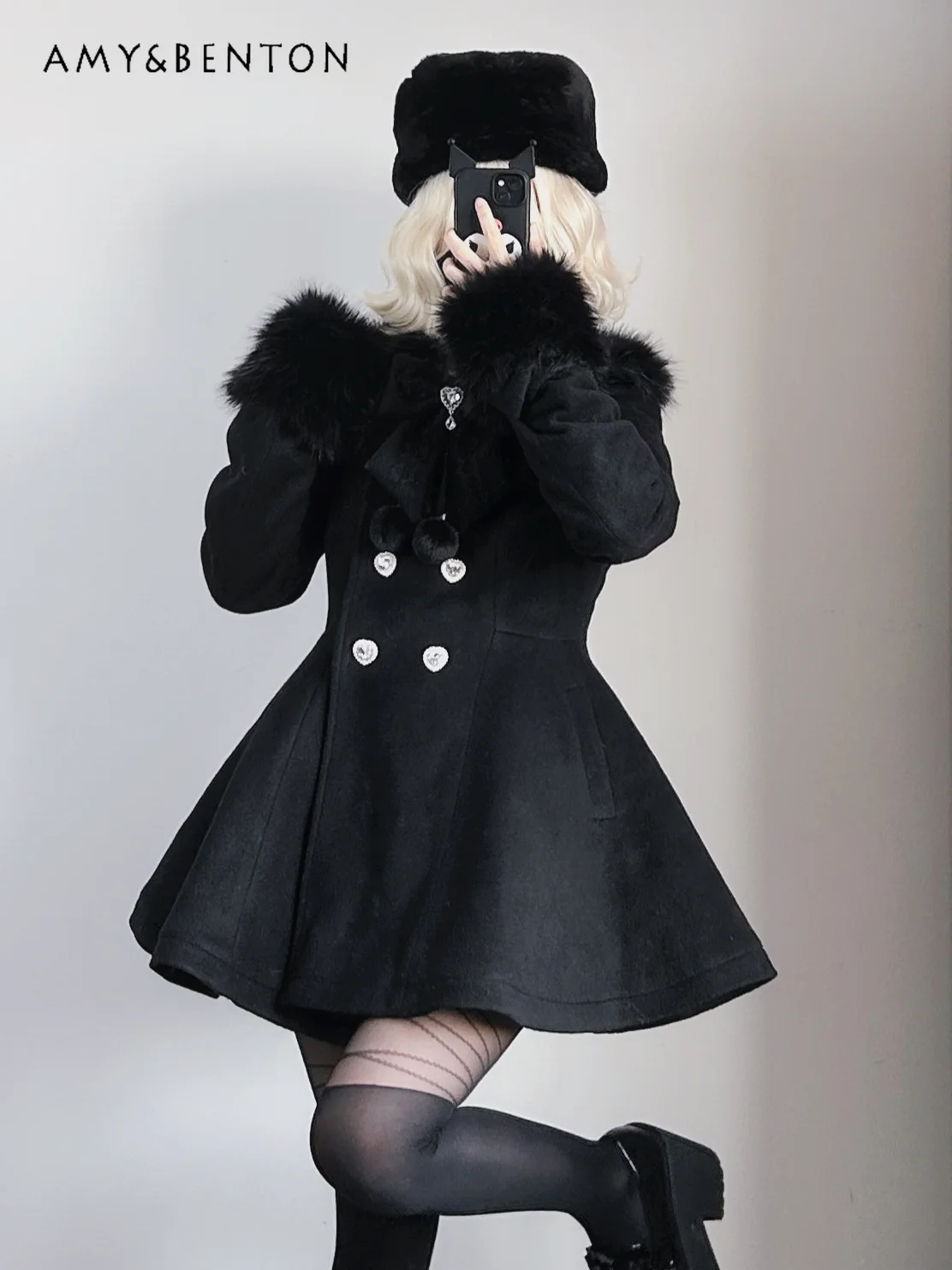 

Original Japanese Mine Series Mass Production Removable Fur Collar Long-sleeved Wool Coat Women Winter Sweet Lolita Woolen Coats