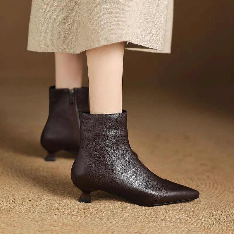 2026 new autumn winter women ankle boots natural leather 22-26cm sheepskin+pigskin/plush pointed toe side-zip women short boots