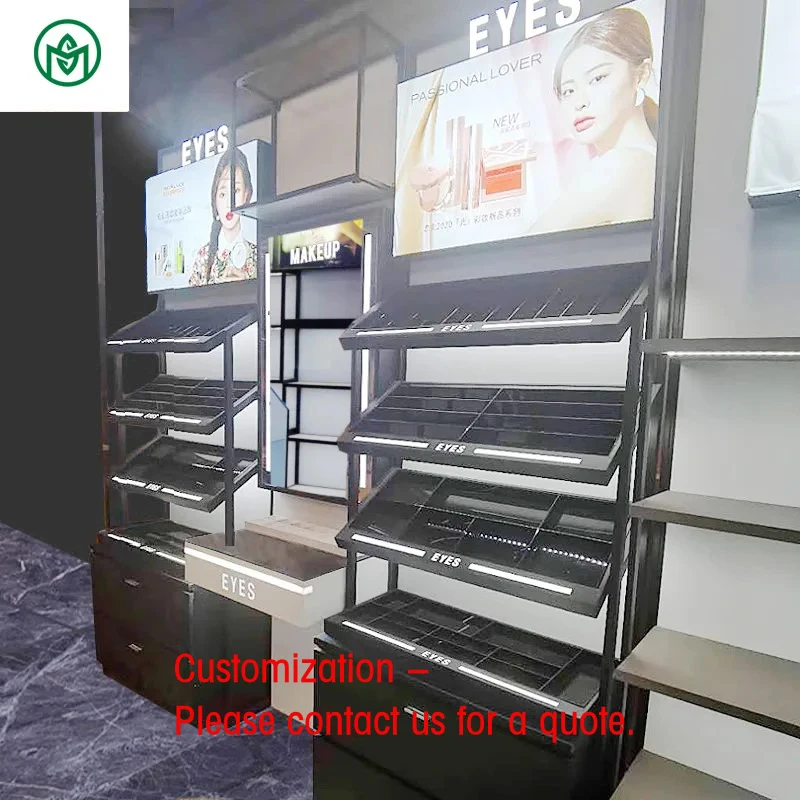 

custom.Modern Black Wooden Double-Sided Cosmetic Gondola Shelf Shop Makeup Display Stand Rack Lipstick Floor Table Cosmetic
