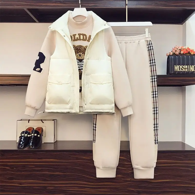 Autumn New Oversized Women\'s Clothing Korean Version Fashionable Cotton Jacket Vest Three Piece Set with Plush Sports Set