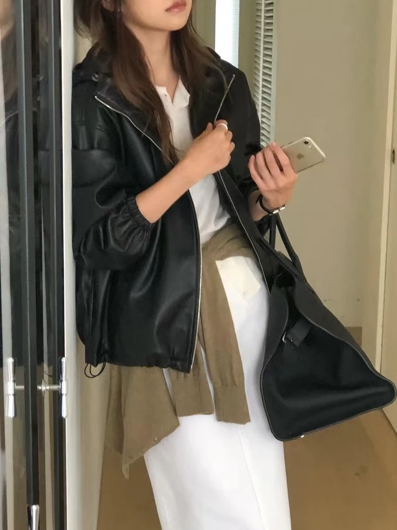 Coreano Sle Retro Street Faion con cappuccio in pelle PU Jaet donna sciolto Sli abbigliamento da moto Jaet