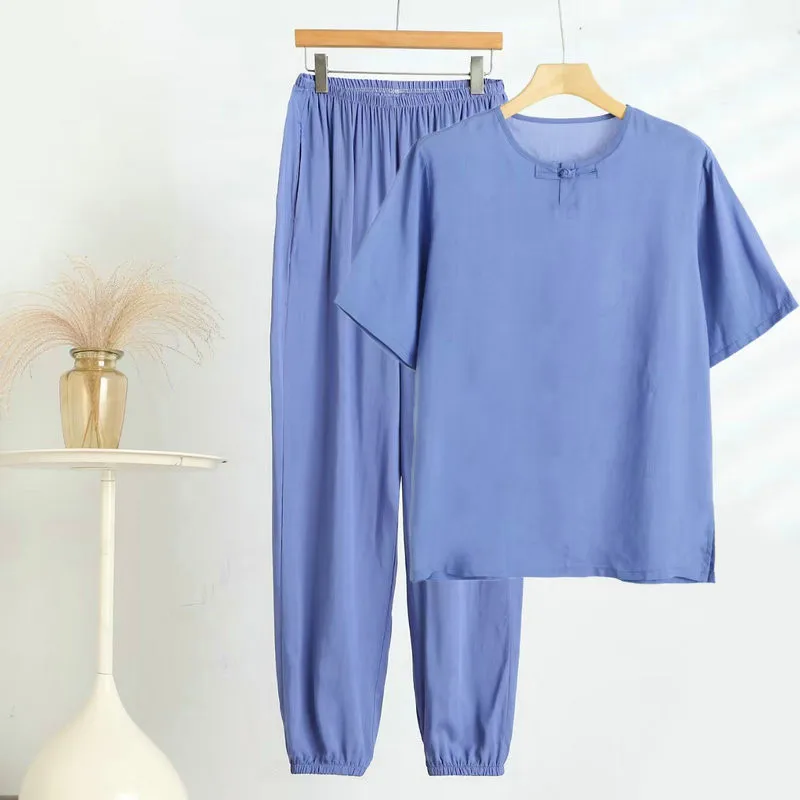 Cotton Pajamas For Men Sleepwear Set Casual Spring Summer Man Home Clothing Short Sleeve Pant Suit Pijama Hombre Plus Size 6XL