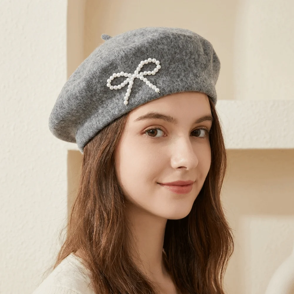 Painter Hat Pearl Bow Beret Knitted Solid Color Wool Beret Soft Y2K Beanie Cap Women