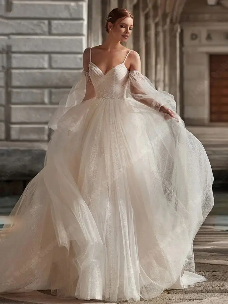 Modest Spaghetti Straps Vestidos de casamento, Off Shoulder Tulle, Querida Collar, Long Bridal Vestidos, Mopping Comprimento