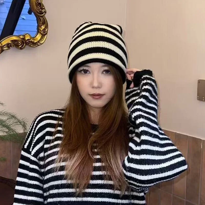 Ins retro blended striped rolled edge woolen hat for women autumn and winter Korean atmosphere paired with knitted cold hat