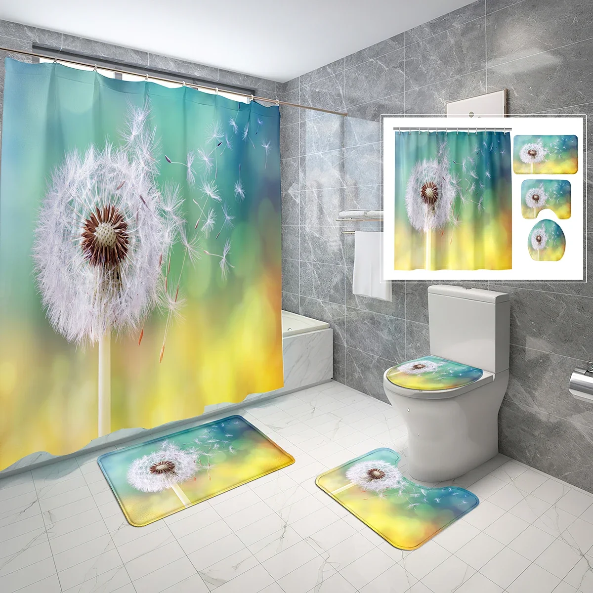 4 PCS Dandelion Shower Curtain Set Dandelion Seeds Blown Away Shower Curtain Bathroom Non-Slip Bath Mat Toilet Cover Cover