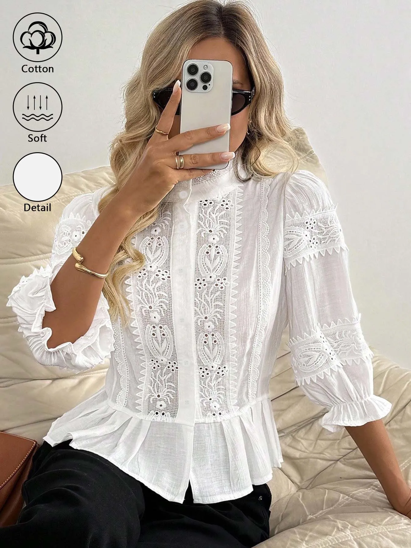 Women's 100% Cotton Shirt Featuring Eyelet Lace, a Round Neck, and a Button Placket—an Elegant, Versatile, and Waist-Defining To