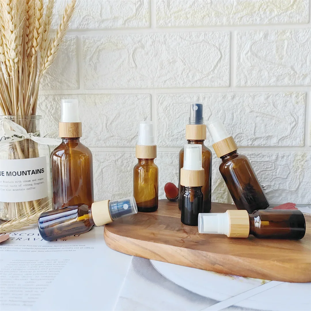 Amber Glass Mist Spray Bottle with Bamboo Fine Mist Sprayer Empty Refillable Lotion Container for Beauty Skin Care Travel Bottle