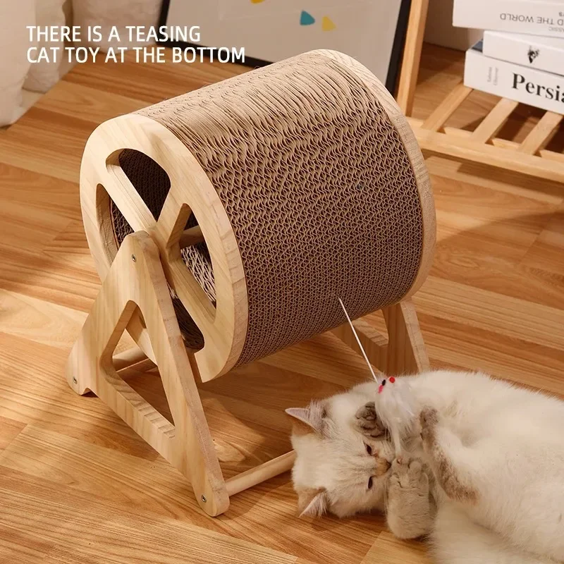 Removable solid wood cat scratching roller Ferris wheel stable base pet vertical scraper toy board with bell