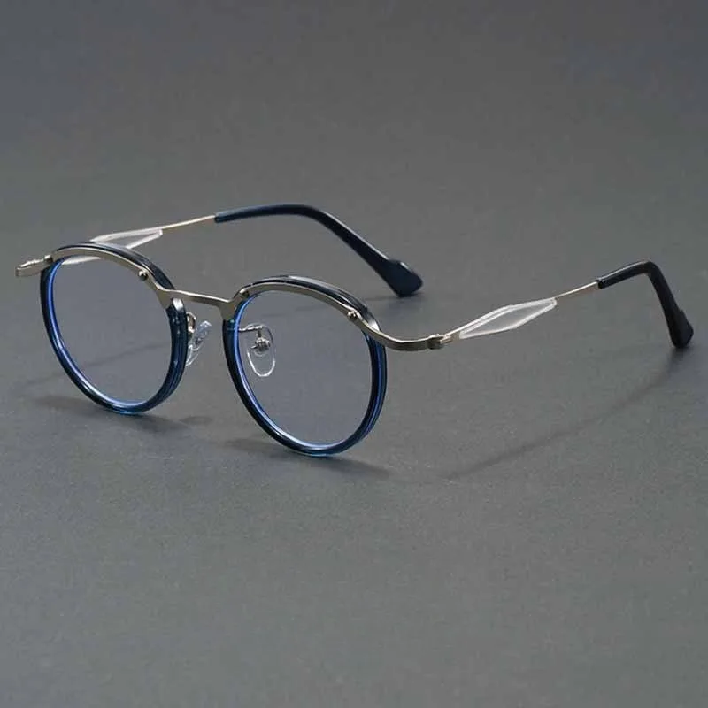 Vintage Round Blue Light Blocking Glasses Men Women Retro Double Bridge Metal Acetate Frame Anti Eye Strain Computer Eyeglasses