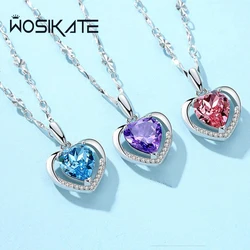 WOSIKATE Korean 925 Sterling Silver Heart Pendant Necklace For Women Fashion Jewellery Amethyst Sapphire Zirconia Chain Necklace