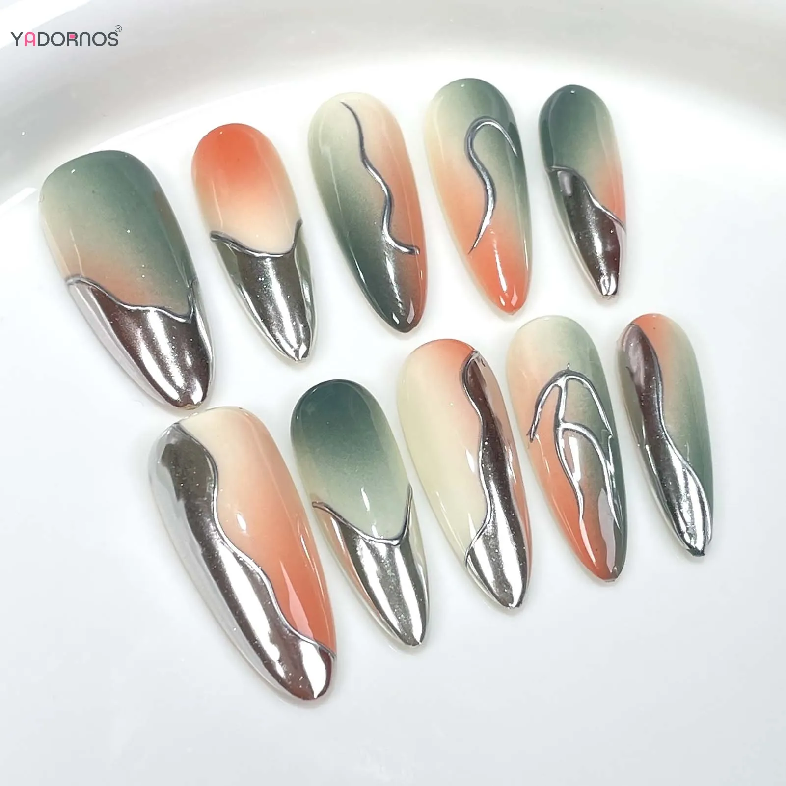 10 Stuks Handgemaakte Pers Op Nagels Lange Amandel Nep Nagels Metalen Gradiënt Kleur Ontwerpen Volledige Cover Draagbare Manicure Voor Vrouw Meisjes