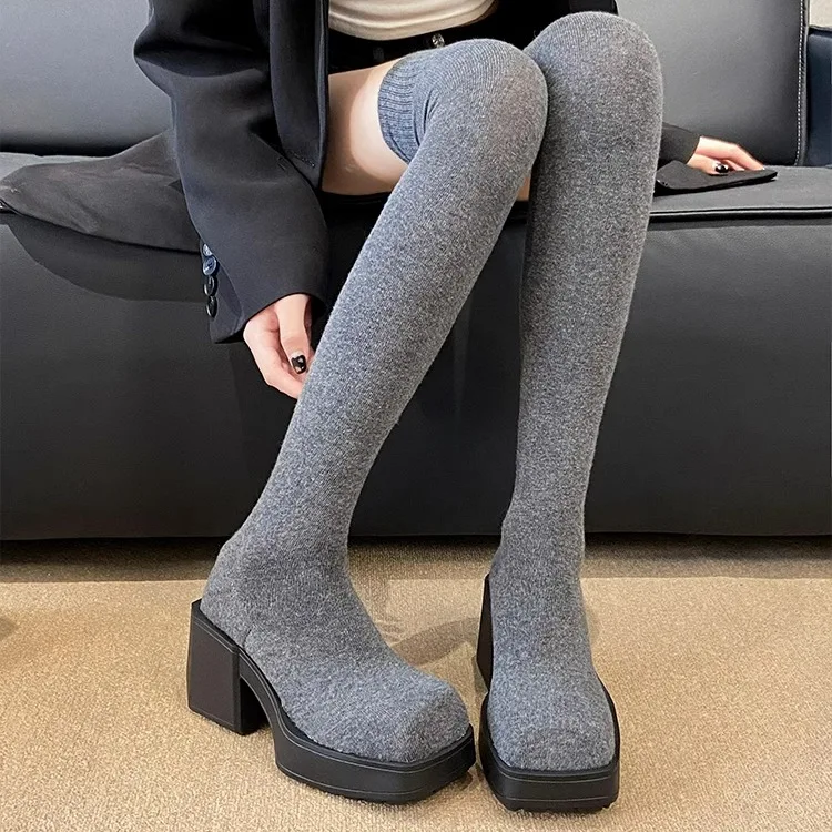 Brand Women\'s Shoes Autumn Boots Boots-Women Sexy Thigh High Heels High Sexy Fashion 2024 Stockings Over-the-Knee Ladies