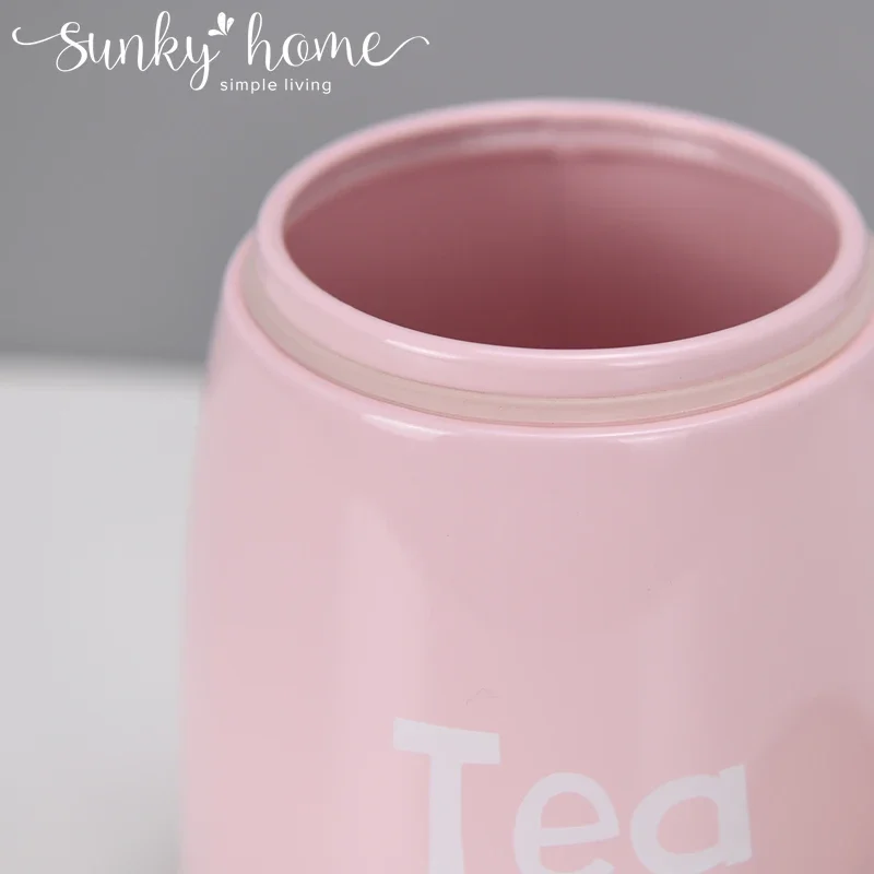 Pink Color Kitchen Storage Bins Sets for Tea Coffee Sugar Coffee Bean Powder Candy Jars Cereal Dispenser with Lid Metal Bottle