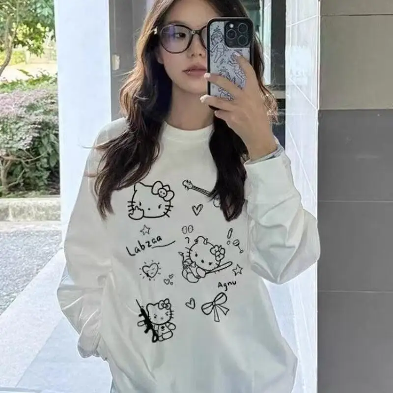 Hello Kittys Pure Cotton Lightweight Cartoon Print Long Sleeve T-Shirt Autumn/winter Loose Comfort Casual Base Layer Tops Cute