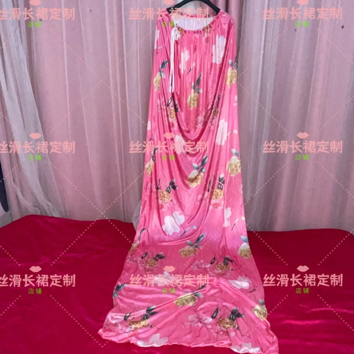 

Length2.2m Floral Print Glossy Satin Loose Maxi Dress Ice Silk Sleeveless Plus Size Sexy Sleeping Bag