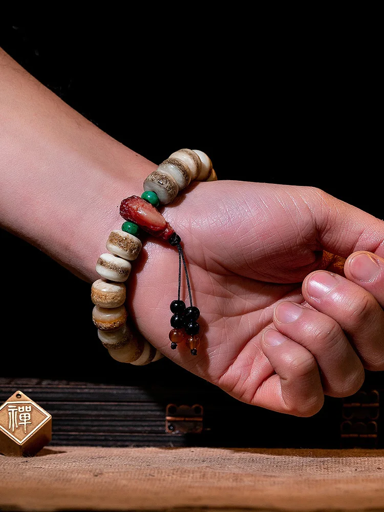 Bracelet Natural Polished Yak Bone Gradient Color Unset Ethnic Rosary Beads with Tassel Men and Women Same Gift Chinese Style1Pc