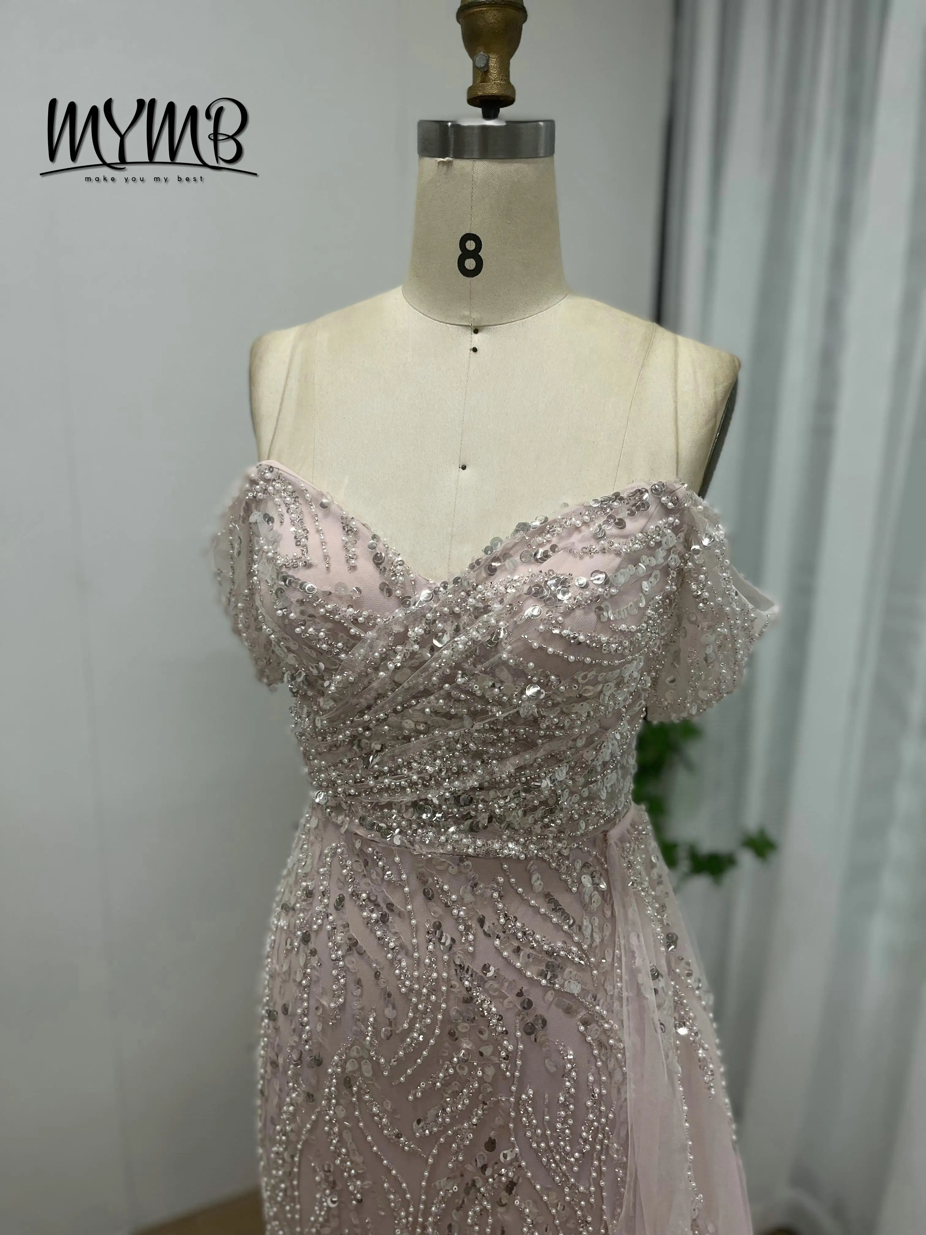 Mymb chique brilhante fora do ombro vestido de noite para senhoras querida sem mangas fenda pérola sexy plus size até o chão baile my30022