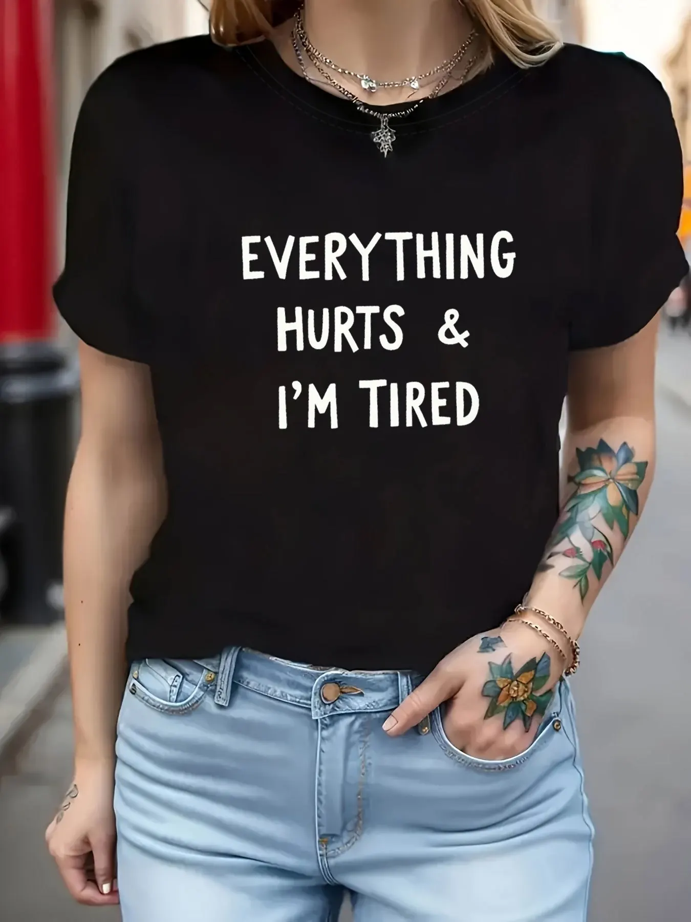 2026 Trend My Whole Body Hurts, I'm So Tired. Text Printed Women's Round Neck Summer T-shirt Printed Women's Round Neck T-shirt