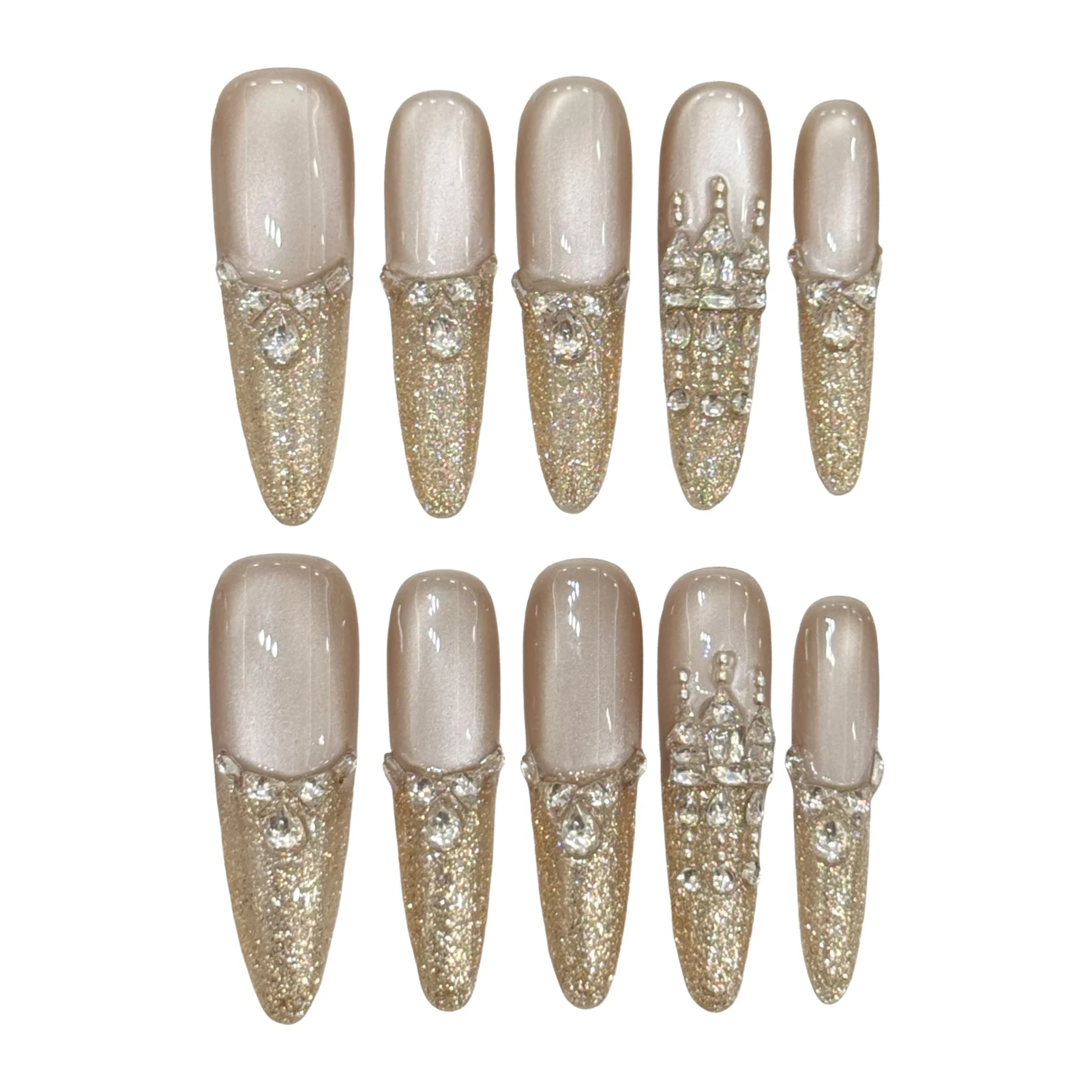 10st Cat Eyes Valse Nagel Met Glitter Tip Handgemaakte Strass Lange Amandel Druk Op Nagels Glanzende Volledige Dekking Franse Valse Nagel Tip